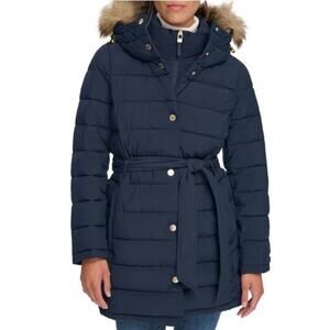 Tommy Hilfiger Belted Puffer Coat with Faux Fur Hood TH Flex EUC Navy Blue